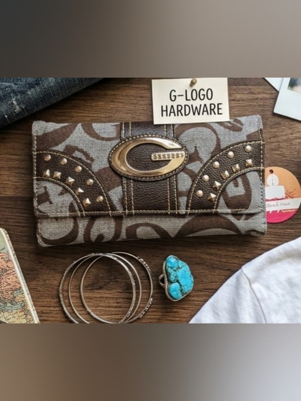 **Tan Patterned Clutch with Gold Hardware